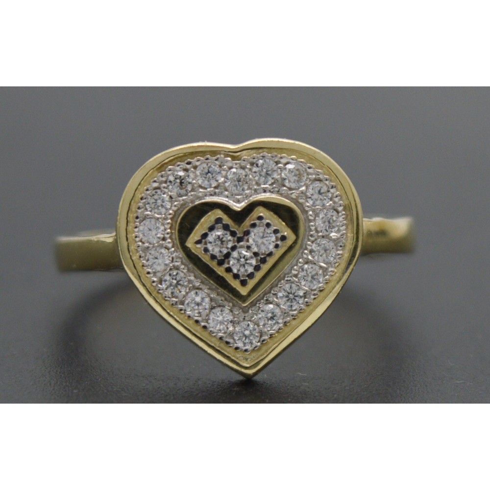 Real 10K Solid Yellow Gold Shiny Double Heart CZ Ring 2.7gr All Sizes